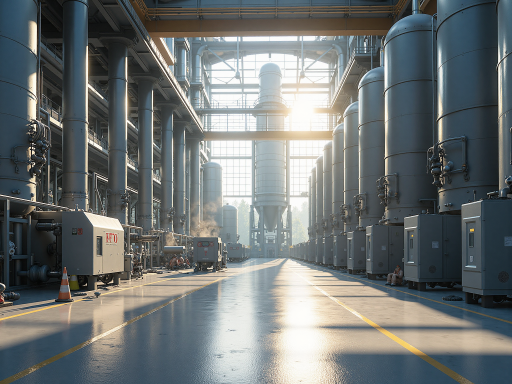 现代化工厂外观，大型工业建筑，蓝天白云背景，体现企业规模和实力